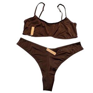 SKIMS Stretch Satin Scoop Neck Bralette + Cheeky Tanga Cocoa 3X